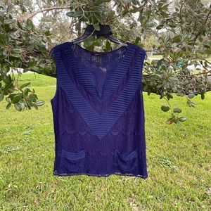 BCBG Maxazria Womens Navy Blouse Sheer Lace Large